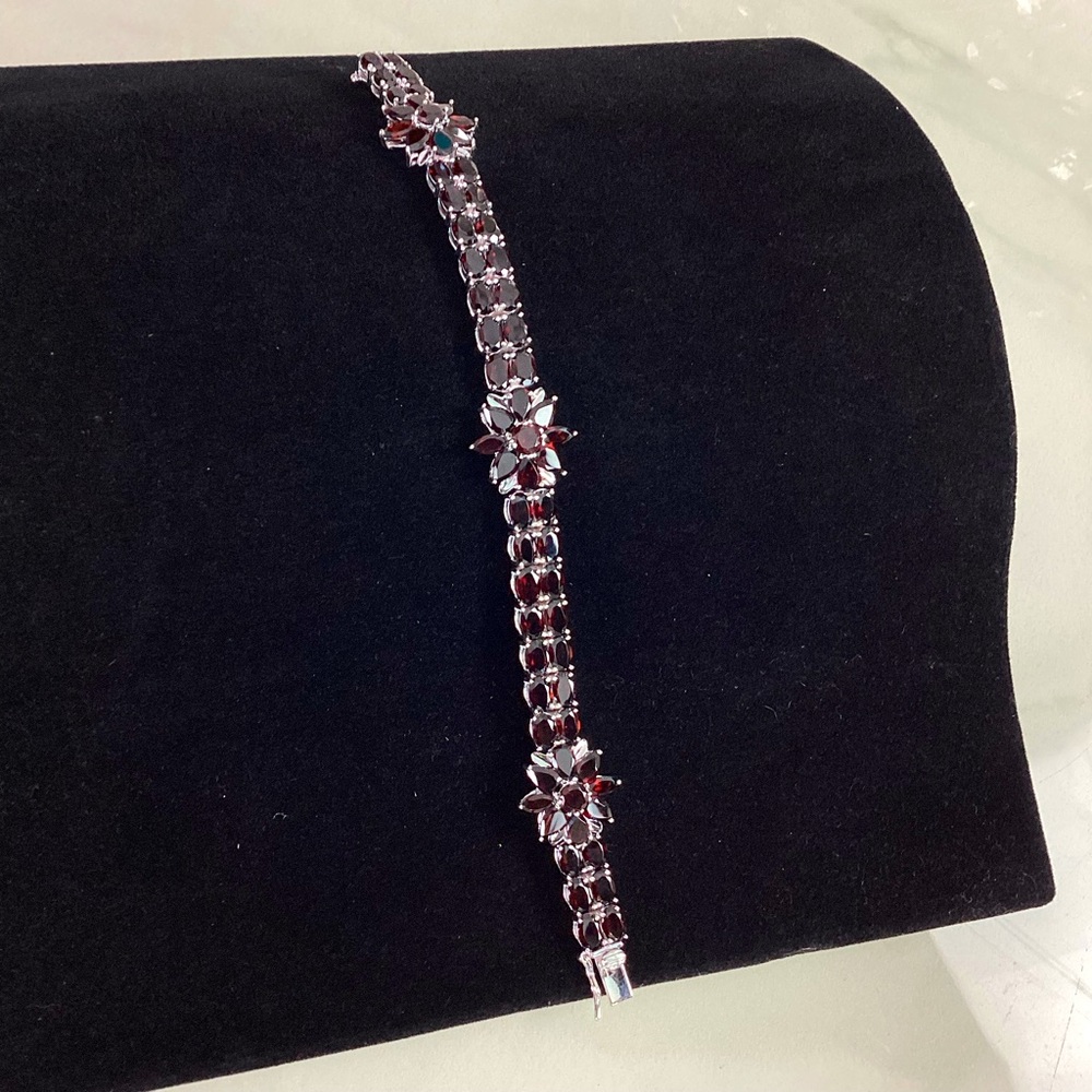 Almandine Garnet Flower 925 Sterling Bracelet Rhodium Plating